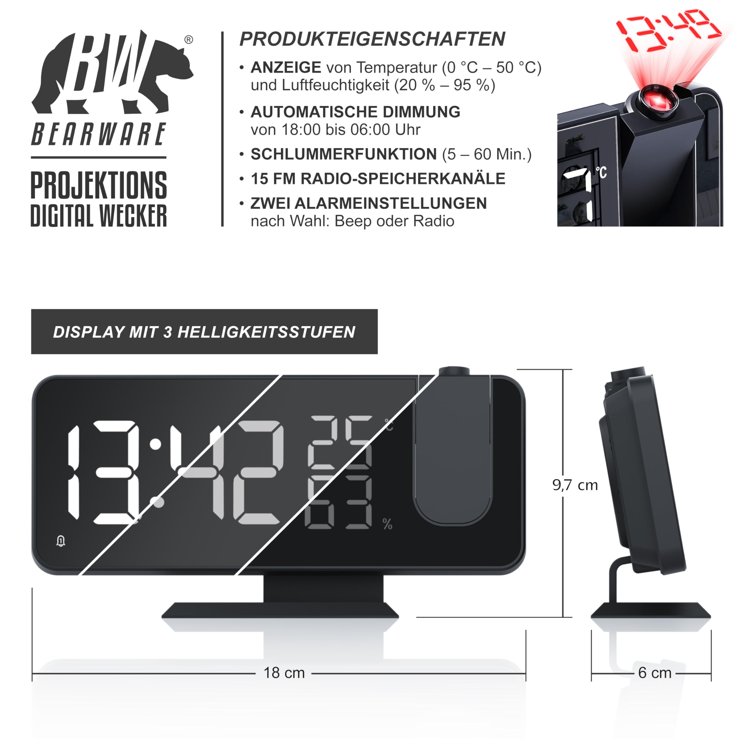 CSL - Wecker Digital Radiowecker mit 3 Stufen Bildschirmhelligkeit, Projektionswecker mit Temperatur- und Luftfeuchtigkeitsanzeige, Dual-Alarm 12 / 24h USB-Anschluss