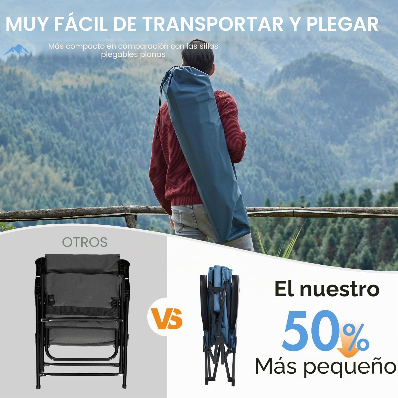 Portal Silla de camping plegable con respaldo ajustable en 3 posiciones, 160 kg, respaldo alto, silla de camping, silla de pesca, silla de jardín, silla de aluminio para jardín, balcón, picnic