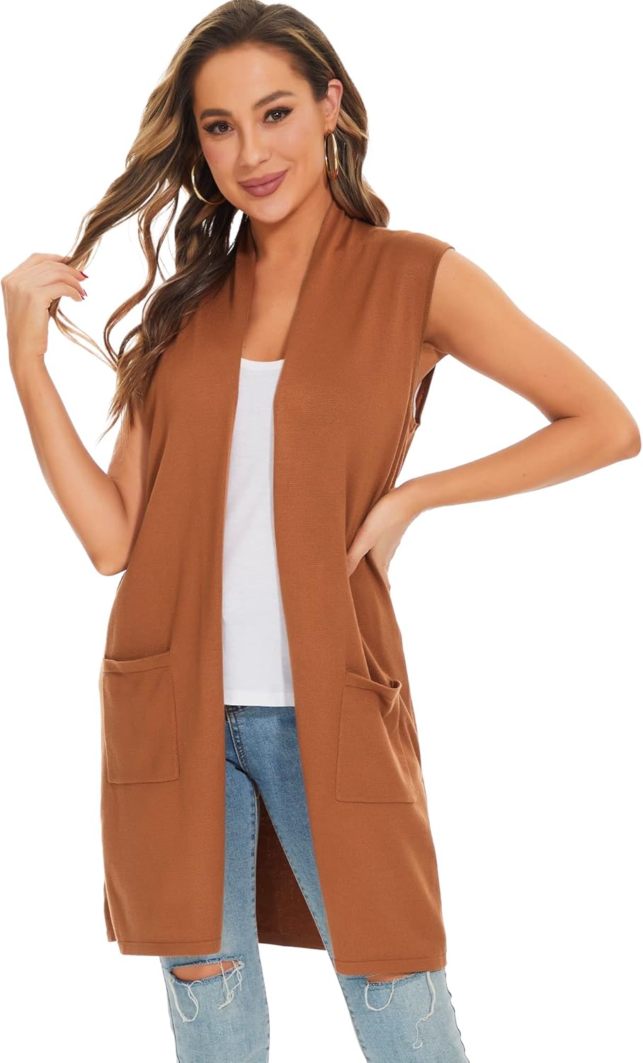 Moss Rose Women's Long Knit Cardigan Vest Casual Sleeveless Open Front Draped Duster Vest (Available in Plus Size)
