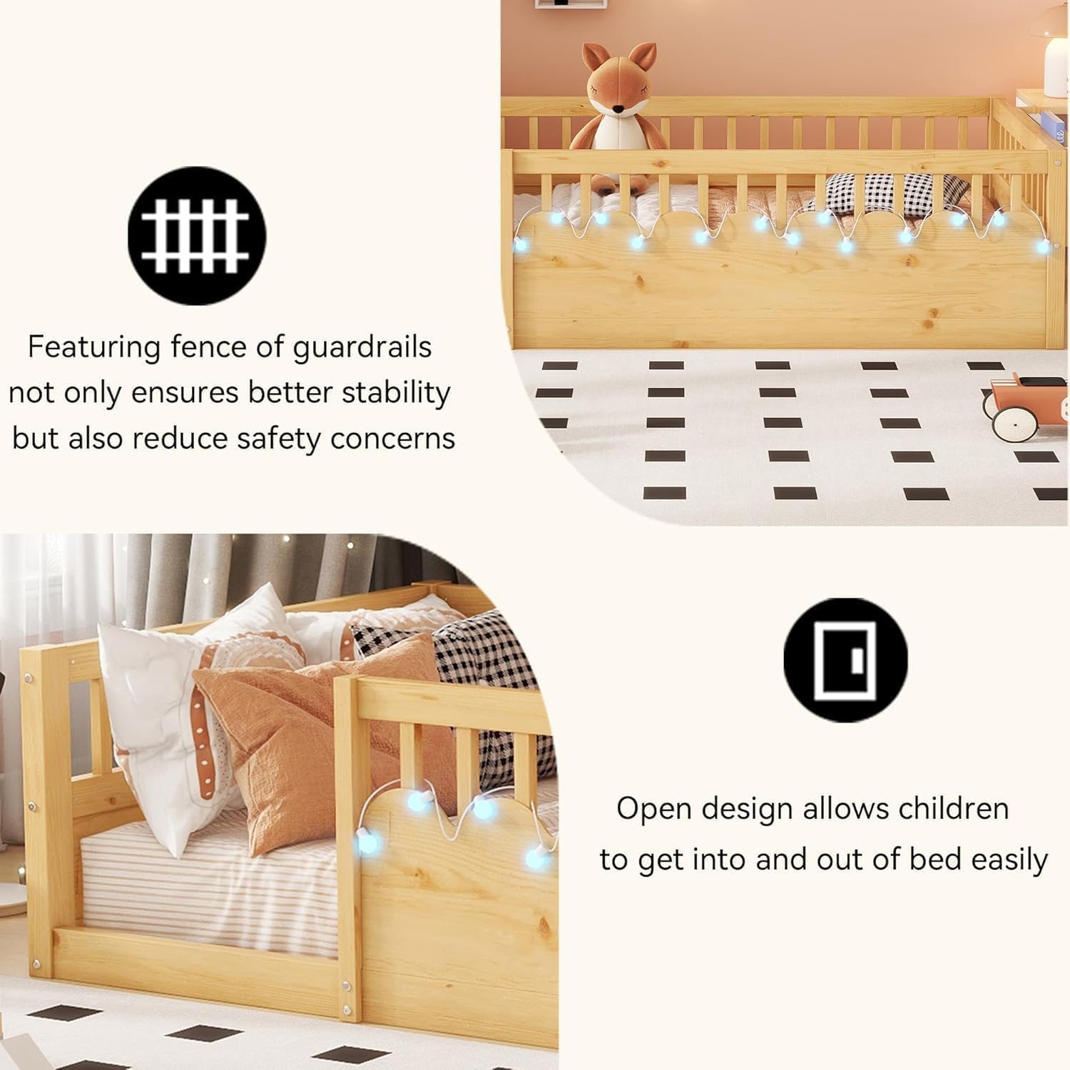 Twin Floor Bed for Toddlers with High Rails, Wooden Montessori Bed Frame with Light and Storage Shelf, Twin Size Low Bed Frame for Girls and Boys, Natural