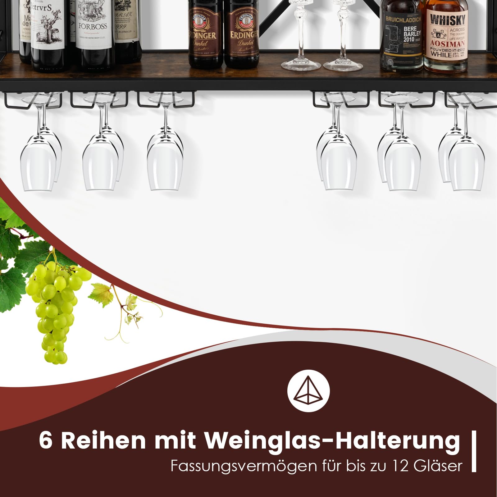 COSTWAY Weinregal Wand, 2 Ebenen Flaschenregal Holz mit Metallrahmen, mit 6 Reihen Weingläserhalter, Industrial Design, ideal für Zuhause, Bar, Küche und Restaurant