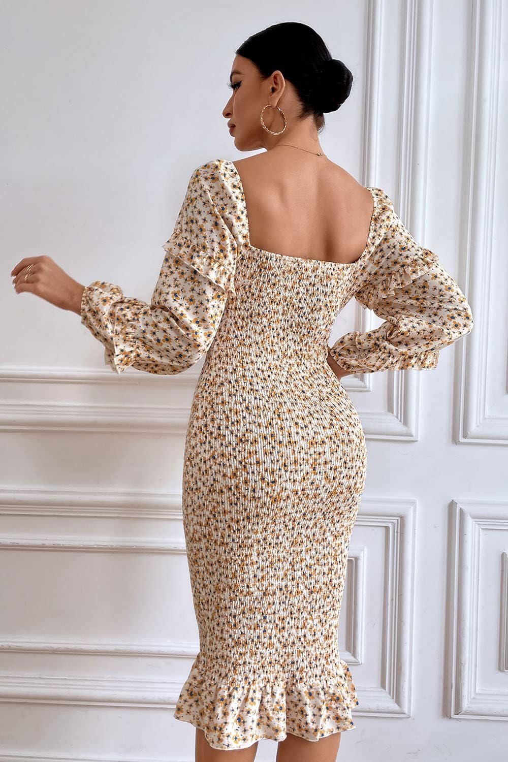 PRETTYGARDEN Women's Long Puff Sleeve Floral Midi Bodycon Dresses Square Neck Ruffle Mermaid Smocked Dress - Image 3