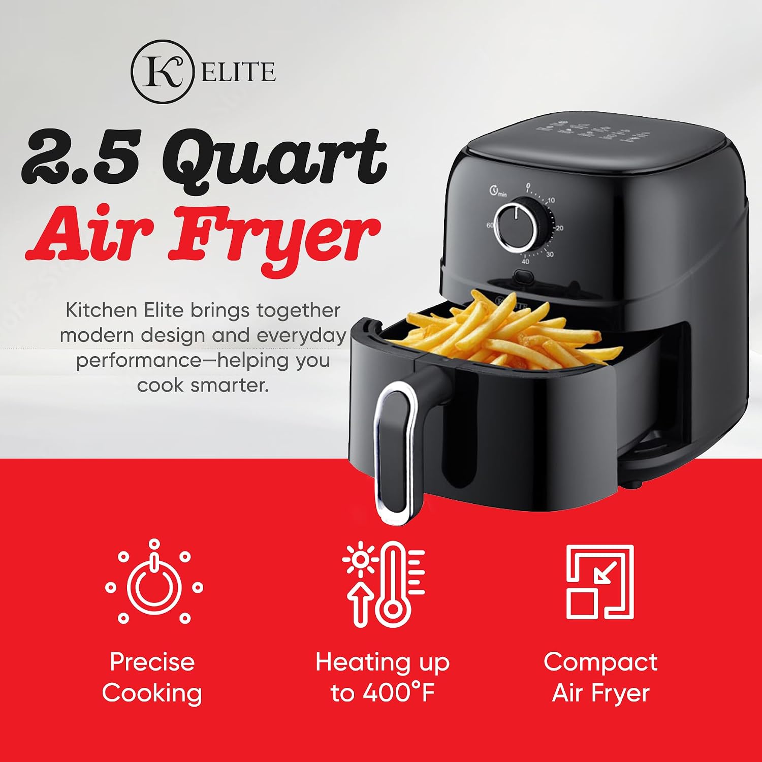 Kitchen Elite 2.5 Qt. Mechanical Air Fryer with Adjustable Temperature Control, 30-Minute Timer, Nonstick Removable Basket, Oil-Free Cooking, Black