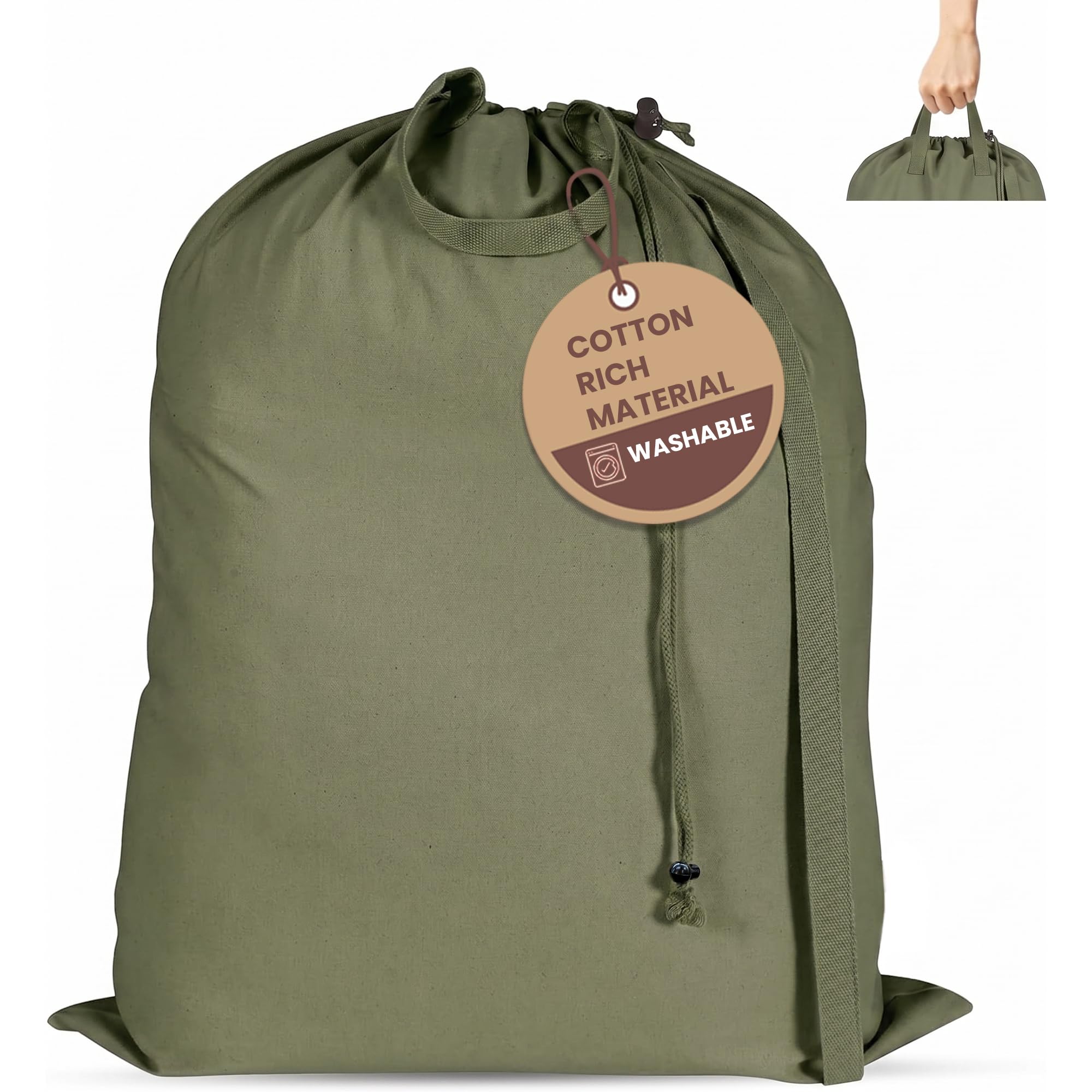LFH Home Large Premium 1pack Cotton Rich Canvas Laundry Bag with Drawstring and Handles Heavy Duty, Multi-Use, and Washable for Home, Travel, College or Storage 28x40-Military Green