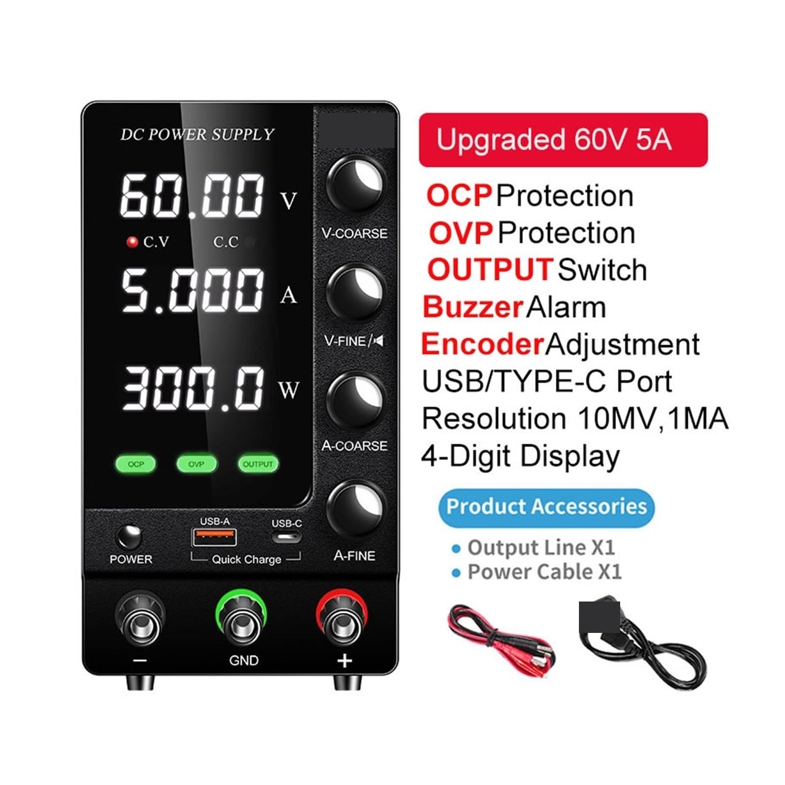 Fuente de alimentación variable, Fuente De Alimentación OVP OCP DC 30V 10A, Modelo Mejorado Con Interruptor SALIDA, 12V 24V 60V 120V, Regulador Corriente Voltaje Ajustable(SPS-C605S 60V5A)