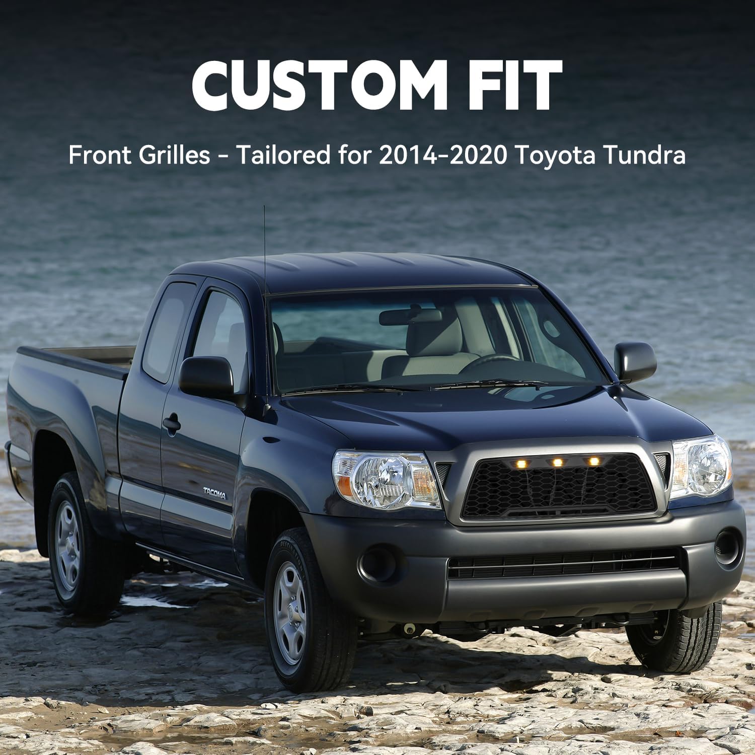 Front Upper Mesh Black Shell Grille Compatible with 2005-2011 Toyota Tacoma with LED Lights.