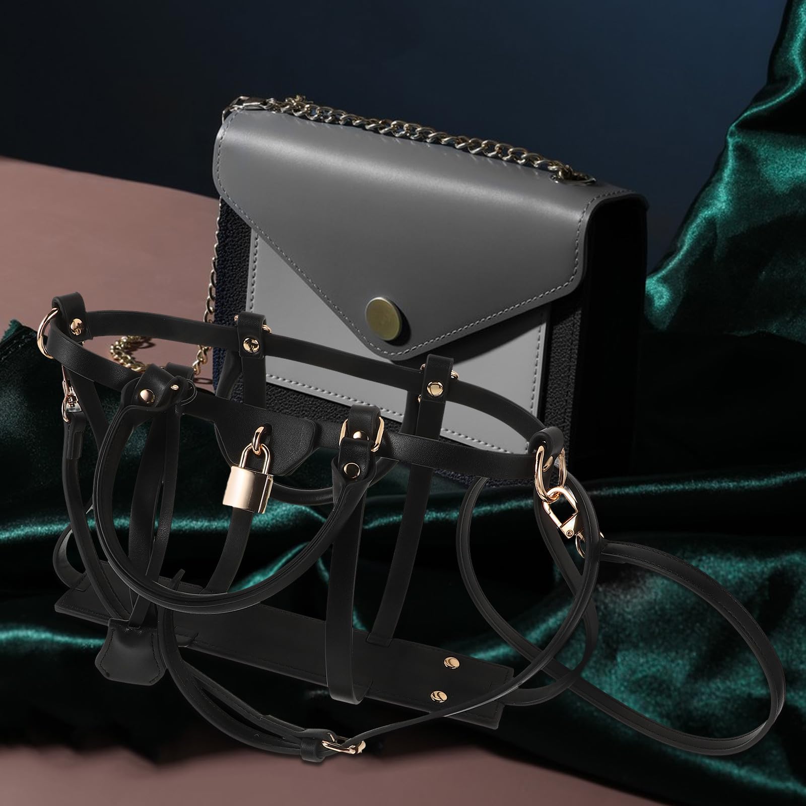 Conjunto Portátil de Accesorios para Bolsos de Mano con Diseño Retro en PU Negro, Soporte de Exhibición y Correa para Bolso Cruzado, Adecuado para Viajes y Uso Diario
