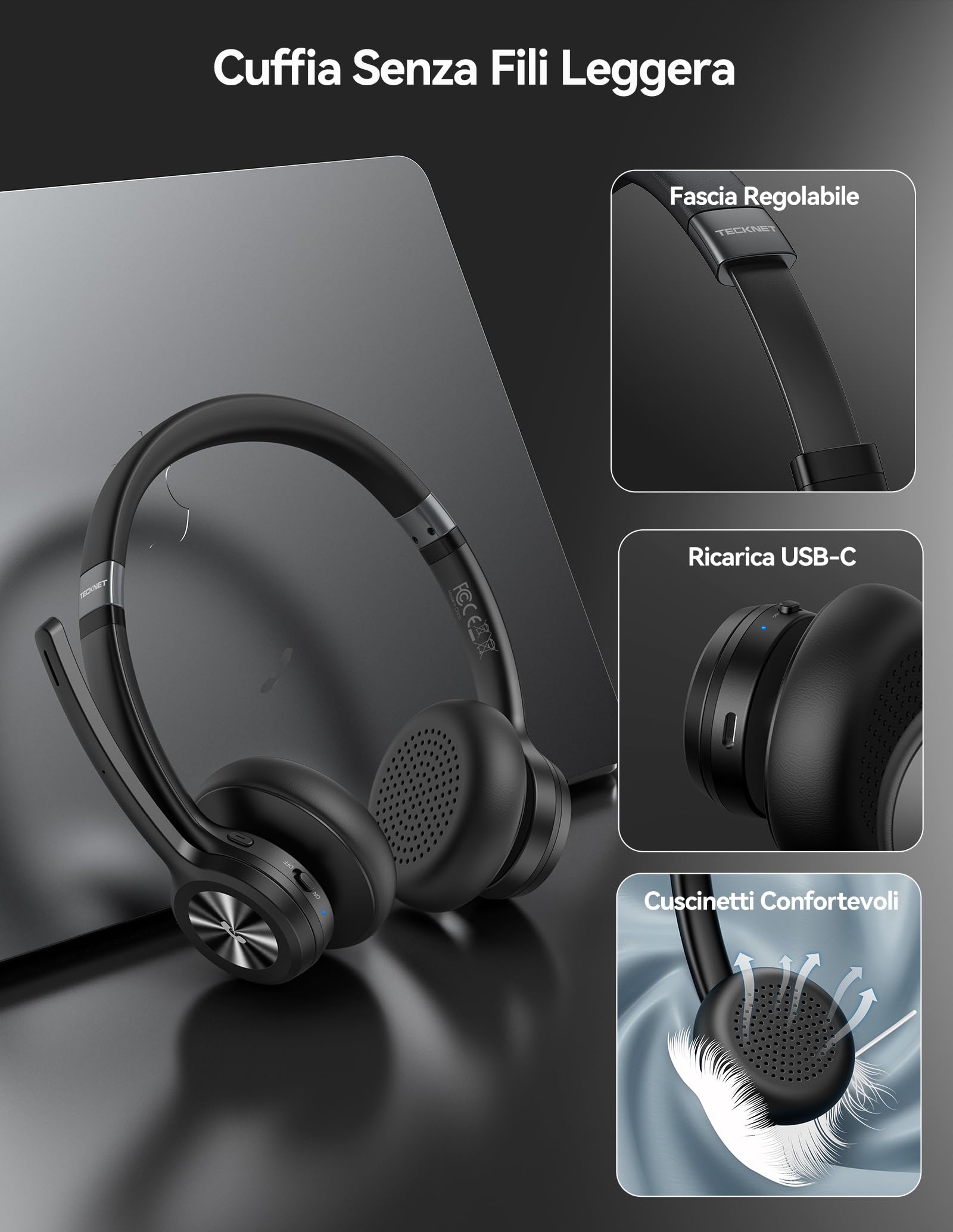 TECKNET Cuffie Bluetooth con Microfono, con Cancellazione del Rumore e Microfono Muto,Cuffie Ufficio Ricaricabili per Autisti di Camion/PC/Call Center/Skype/Cellulare