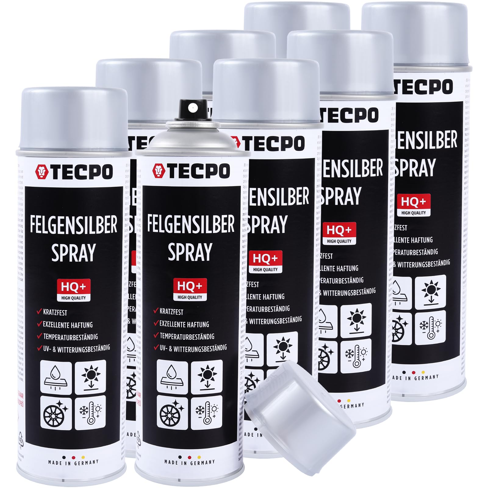TECPO Felgensilber-Spray, 8x 500ml Schnell Trockend Felgenlack auf Acrylbasis für Reparatur von Stahl und Leichtmetall