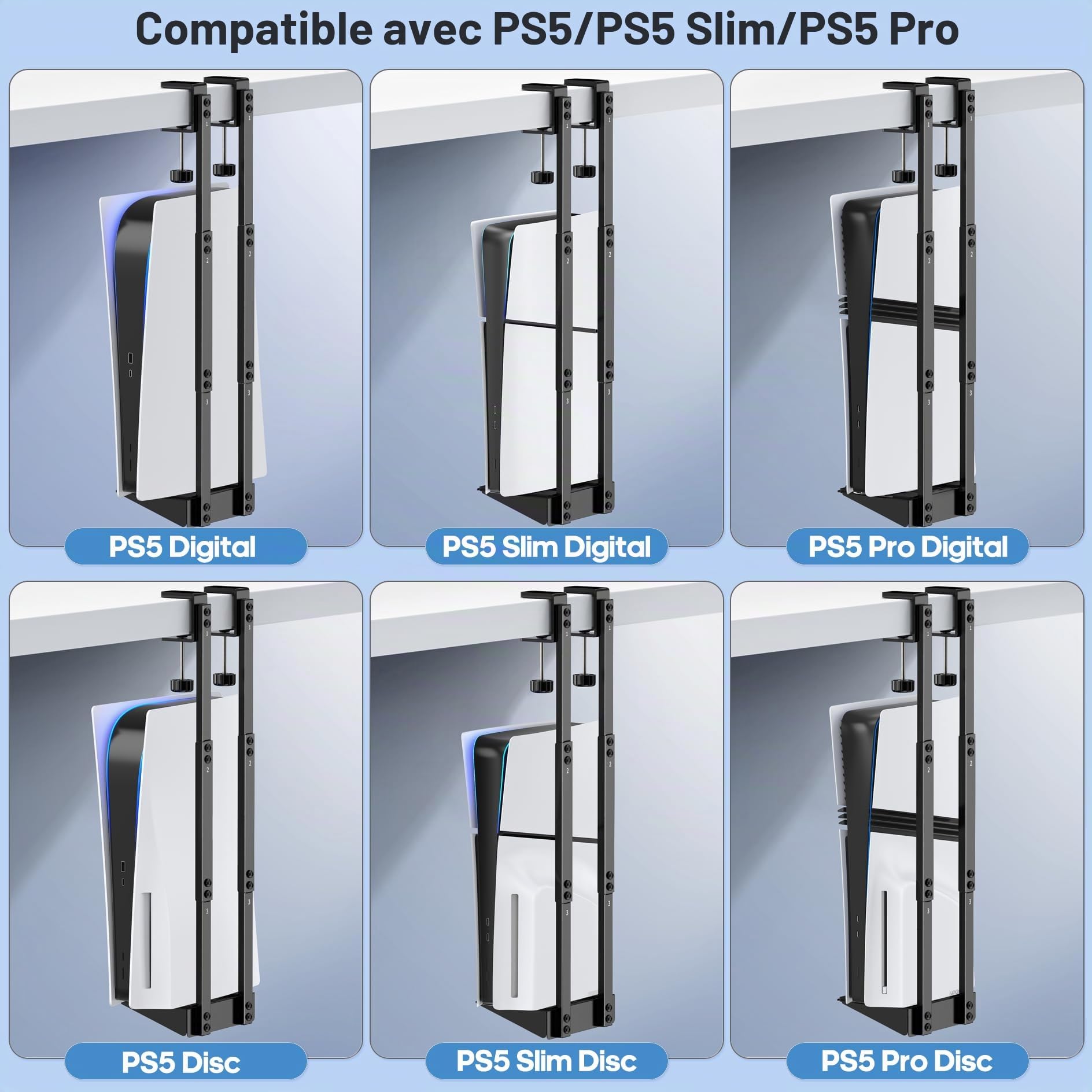 Kytok Support PS5 Sous le Bureau Vertical pour PS5/ PS5 Slim/ PS5 Pro, Support de Rangement pour les Versions PS5 Disc & Digital, Accessoires et Stockage pour PS5 Sous le bureau Gain de place