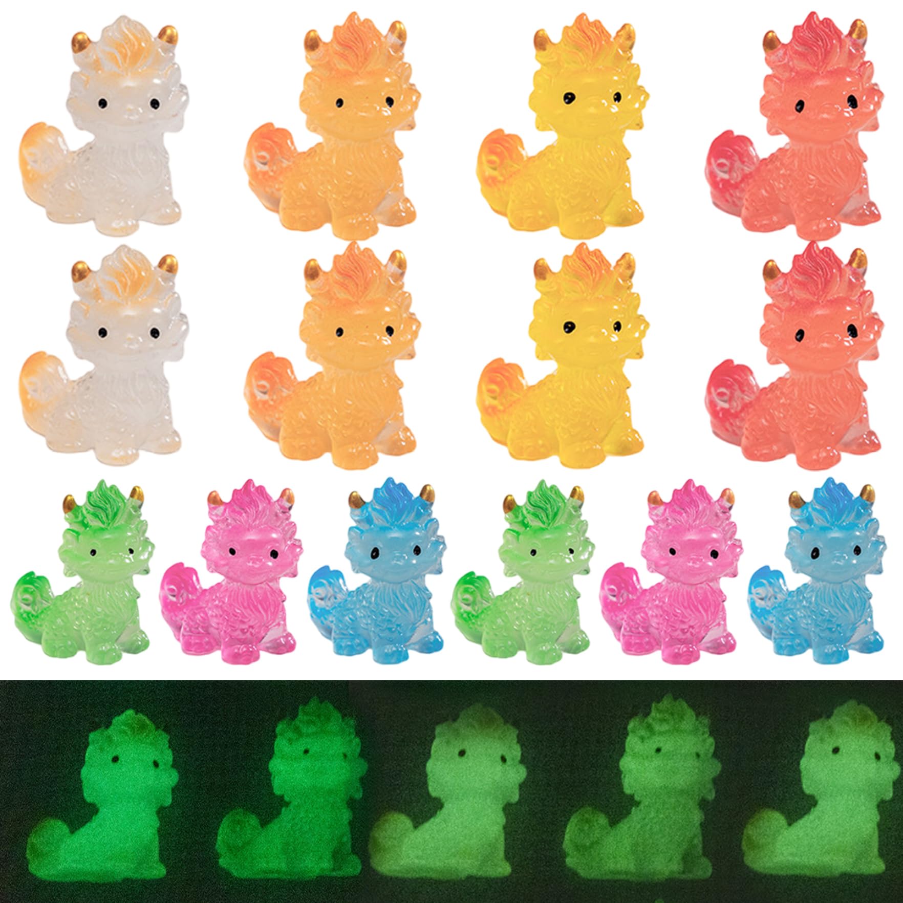 Otbushit 14Pcs Mini Dinosaur Figures Chinese Mythical Creature Mini Glow in the Dark Resin Animals for Fairy Garden Decor Desktop Shelf 7 Colors