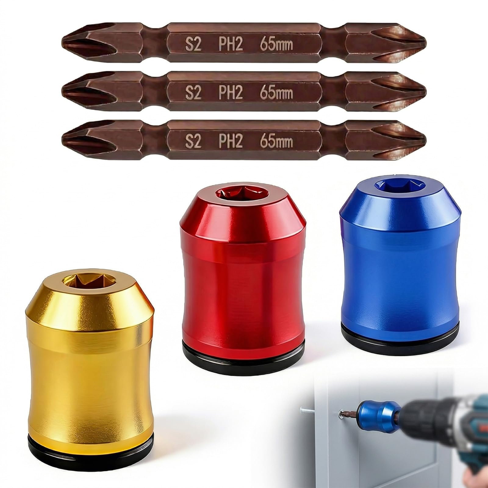 Funnaura 3Pcs Screwdriver Head Magnetic Ring, Removable Universal Magnetic Bit Holder With 3 Screwdriver Bit For Diy Repair Home