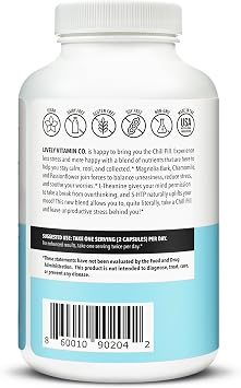 LIVELY VITAMIN CO. Chill Pill - Calm Mood - Relax - Restful Deep Sleep - REM - Stress - Anxiousness - Magnolia Bark - Chamomile - L-Theanine - Passionflower - 5-HTP - 180 Vegan Capsules