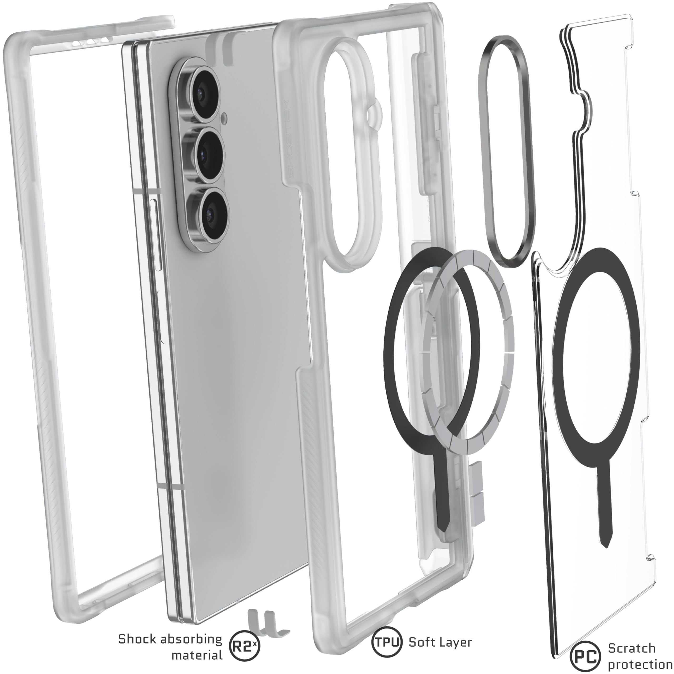 Ghostek Covert - Custodia trasparente per Galaxy Fold 7 con cavalletto integrato, MagSafe e protezione completa della cerniera progettata per Samsung Galaxy Z Fold7 (8") 2025 (trasparente opaco)