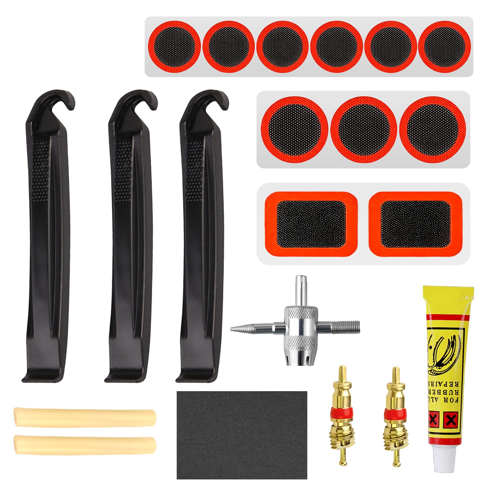 21PCS Puncture Repair Kit - Bike Tyre Puncture Repair Kit with 2 Strong Metal Tyre Levers, 4-in-1 Valve Core Tool and 11 Vulcanizing Patches for Mountain Bikes, Commuter Bikes, Bicycles, Motorcycles