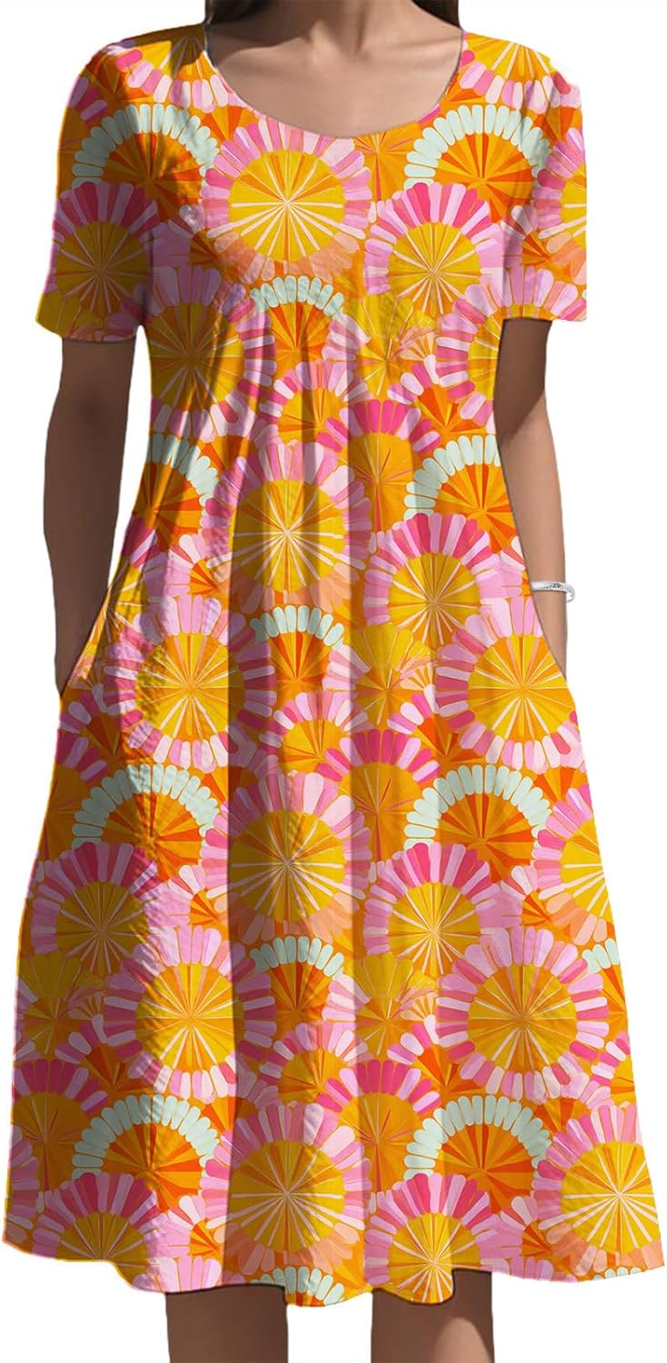 Women's Vintage Floral Midi Dress Summer Ethnic Graphic A-Line Dress Loose Round Neck Short Sleeve Lightweight