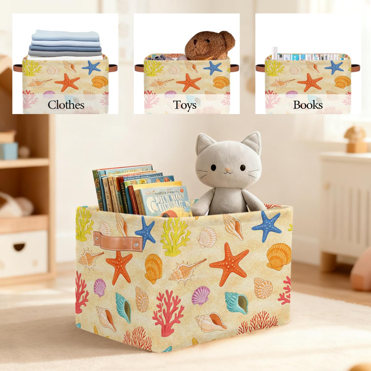 Rechteckiger Aufbewahrungskorb mit Ledergriffen, Cartoon-Sommer-Strand-Motiv, 2 Stück, faltbarer Stoff-Aufbewahrungskorb für Schrank, Badezimmer, Wohnzimmer, Büro, Spielzeug, Organizer
