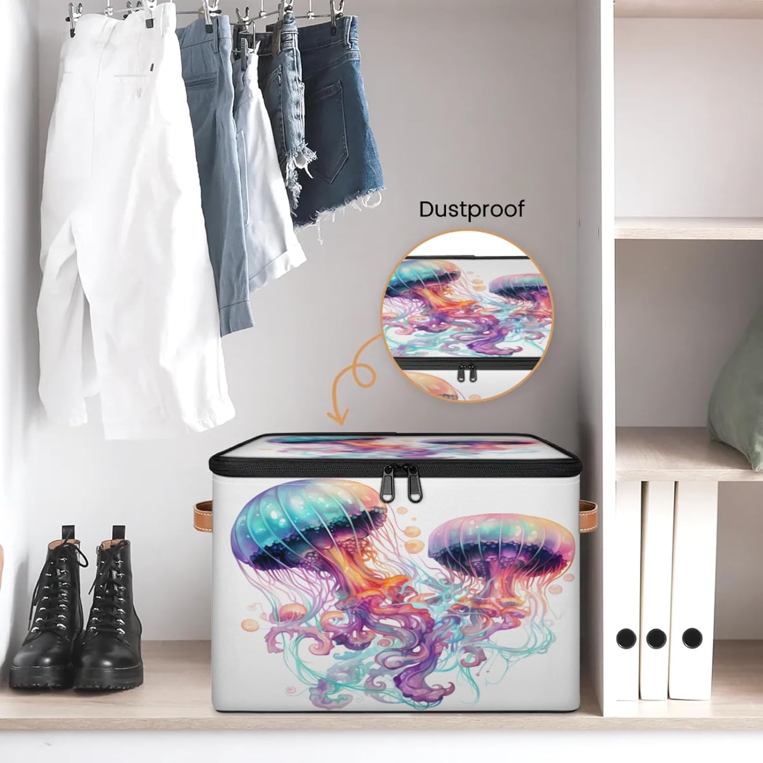 Storage Bin Set of 2 Colorful Jellyfish Storage Basket with Zipper Lid & Handle Foldable Closet Shelf 2 Pack Cloth Organizer Basket Cube Bins Clothes Organizer for Nursery, Bedroom