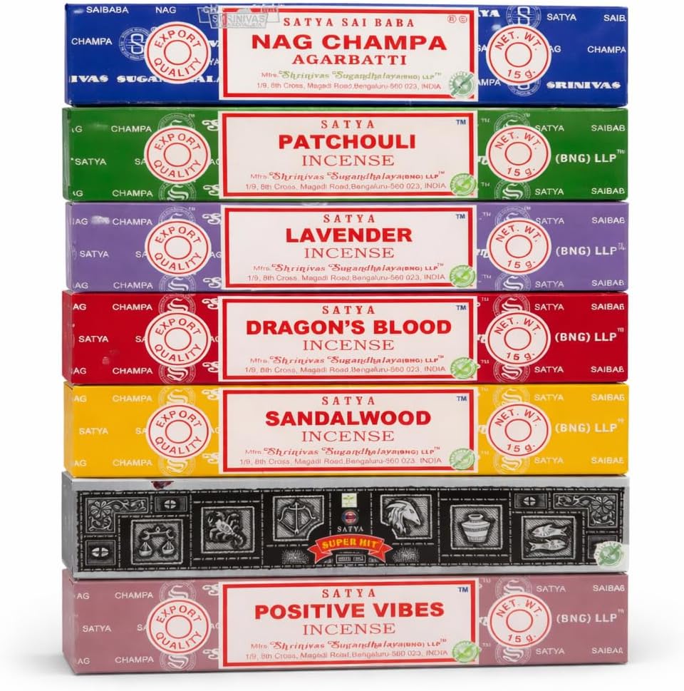 Satya Incense Gift Set Nag Champa, Super hit, Dragon's Blood, Sandalwood, Patchouli, Lavender, Positive Vibes, 15 g
