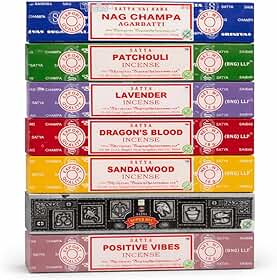Satya Conjunto de presente de incenso Nag Champa, super hit, sangue de dragão, sândalo, patchouli, lavanda, vibrações positivas, 15 g
