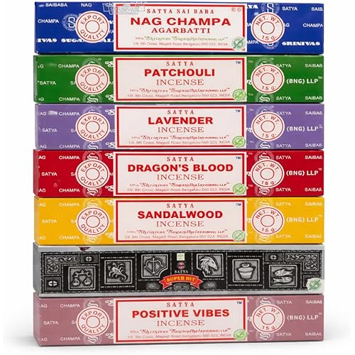 Satya Incense Gift Set Nag Champa, Super hit, Dragon's Blood, Sandalwood, Patchouli, Lavender, Positive Vibes, 15 g