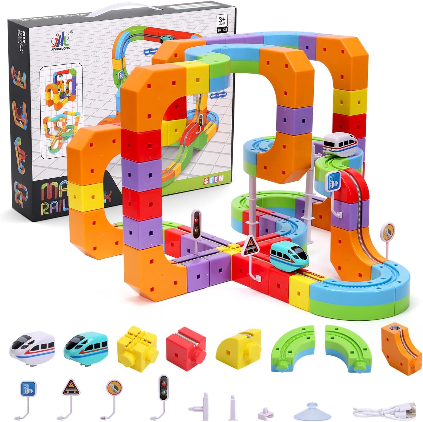 Electric Train Set for Kids,3D Infinity Flexible Track, DIY Track Building Kits with Train and Traffic Signs Traffic, STEM Gravity-Defying Learning Toy for Boys Girls 4 5 6 7 8 Birthday
