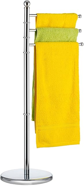 Tatkraft Breeze  3 Arms Towel Stand  Free-Standing Bath Towel Stand  Rustproof Shiny Chromed Steel  Stable Heavy Base  Swivel Arms