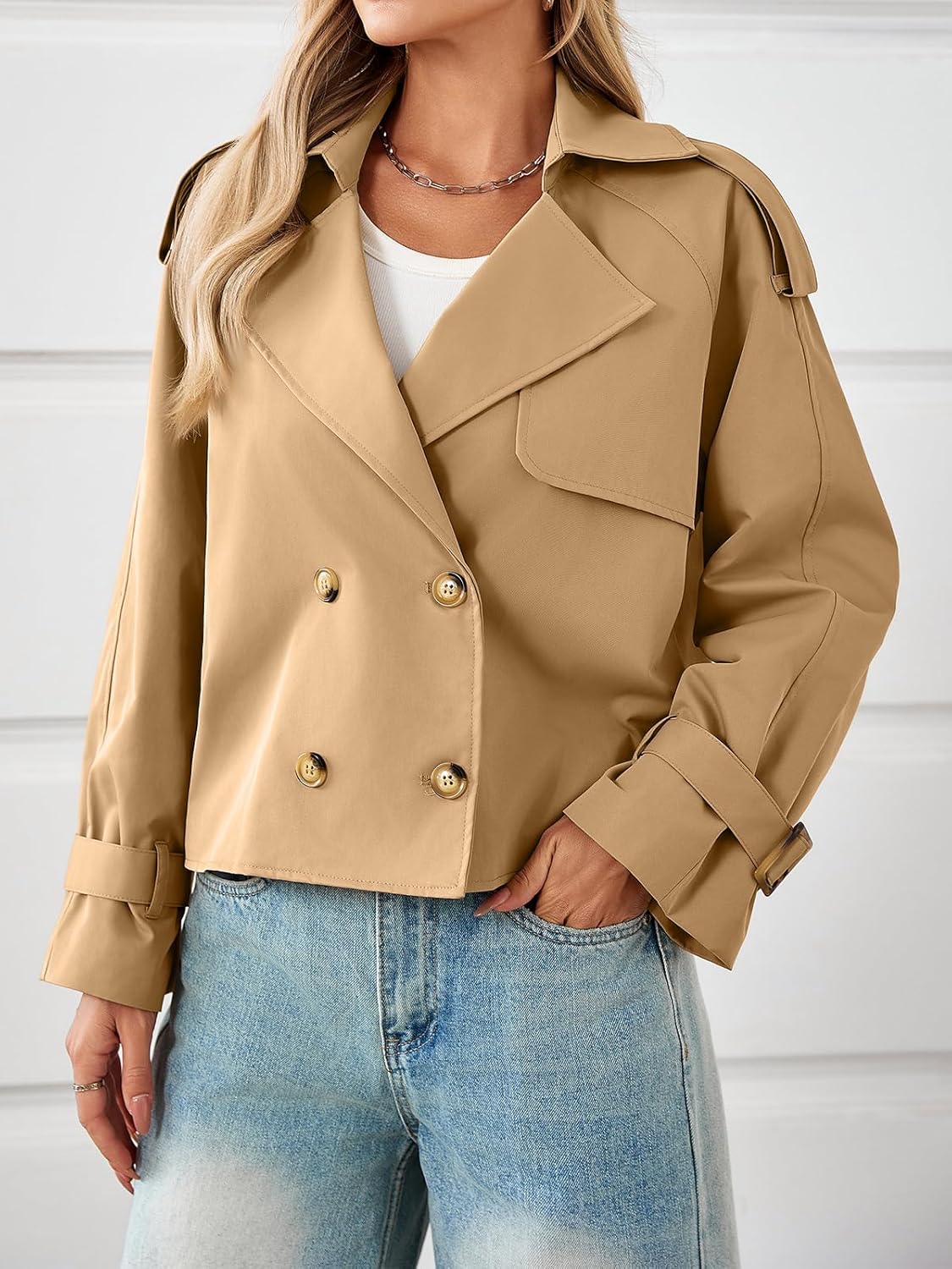 Tankaneo Womens Cropped Trench Coat Oversized Double Breasted Lapel Long Sleeve Short Jacket Fashion Outerwear - Image 4