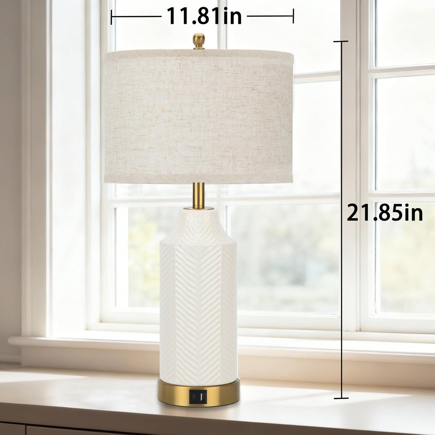 22" Ceramic Table Lamps with USB A+C Ports for Living Room, Dimmable Nightstand Touch Lamps Set of 2 with Linen Shade, Modern Bedside Lamp for Bedroom Home Decor, No Bulbs (1, White and Beige)