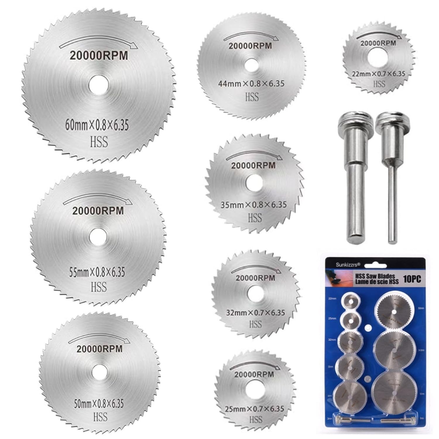 Wagela Mini HSS Circular Saw Blades Rotating Tool/Steel Saw Disc Wheel Cutting Blades/Rotary Drill Saw Blades/Metal Circular Saw Set for Rotary Tools (8 pcs Saw Blade + 2 pcs Shank Mandrel)