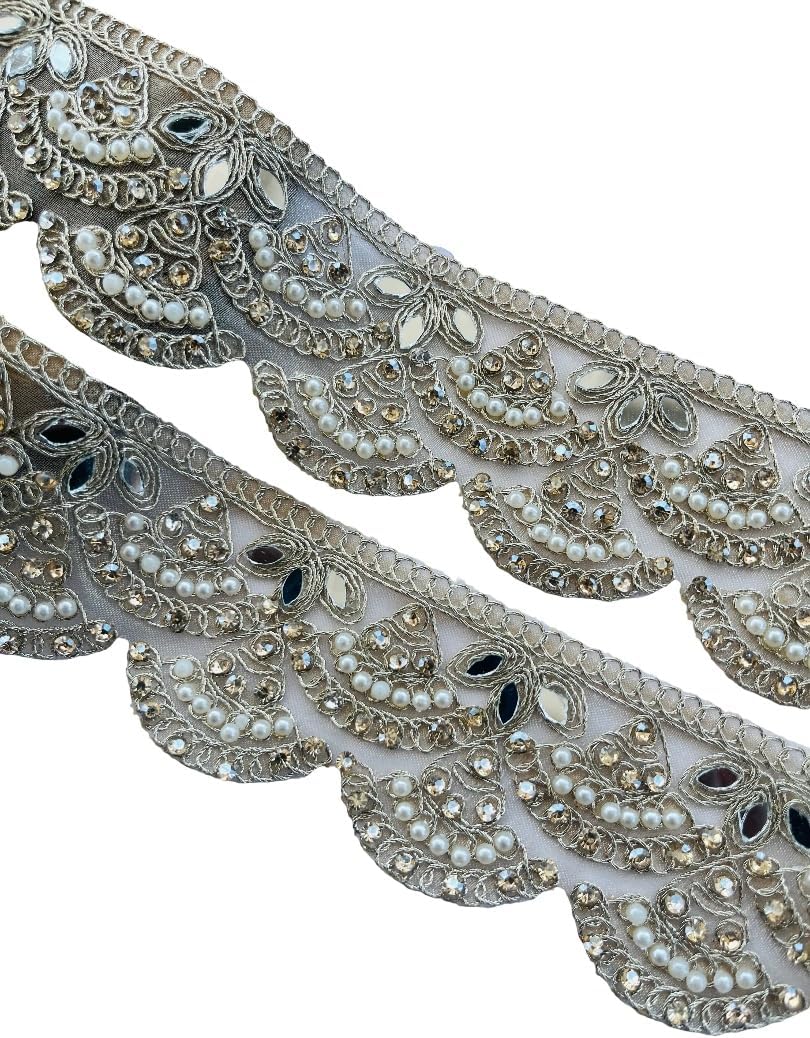 Mirror Pearl Zircon Embellished Trim – 1.77 Inch Wide Handmade Decorative Golden Lace for Sarees, Dresses, Dupattas, Crafts | Available in 1, 3, 6 Yard (6)