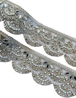Mirror Pearl Zircon Embellished Trim – 1.77 Inch Wide Handmade Decorative Golden Lace for Sarees, Dresses, Dupattas, Crafts | Available in 1, 3, 6 Yard (1)