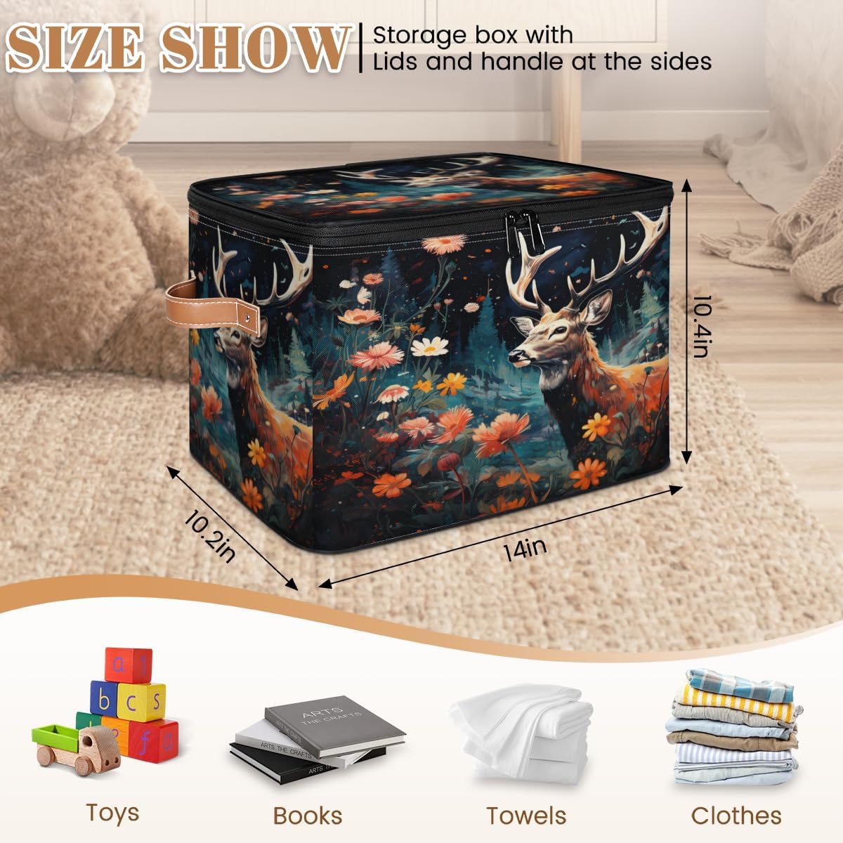 Storage Bin Set of 2 Reindeer Flower Storage Basket with Zipper Lid & Handle Foldable Closet Shelf 2 Pack Cloth Organizer Basket Cube Bins Clothes Organizer for Bedroom, Nursery