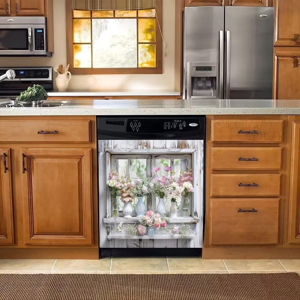 Generic Vase Flowers Dishwasher Magnet Cover Decorative Modern Style Magnetic Dish Washer Front Door Panel Decal Trimmable Sticker for Kitchen Appliance 23x26inch, Rimyy73-5
