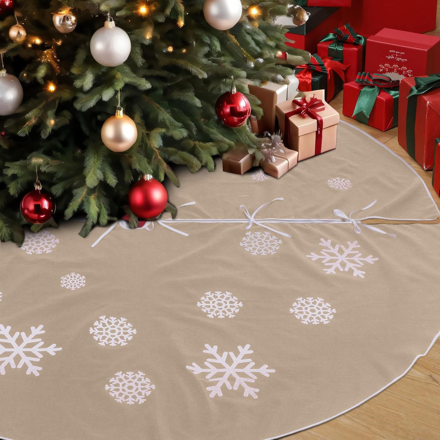 Large Christmas Tree Skirt, Burlap Tree Skirt White Snowflake Xmas Mat for Christmas Home Farmhouse Holiday Indoor Outdoor Decoration (84 Inch,Red)