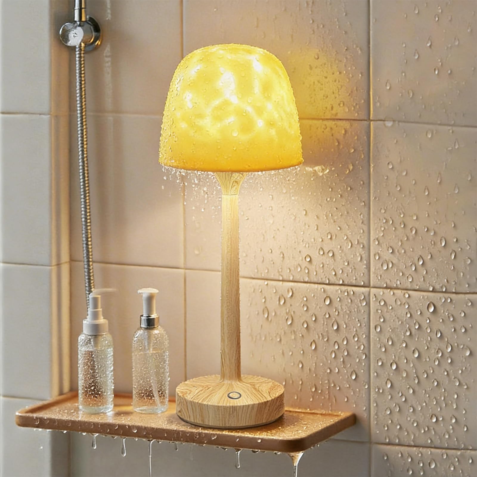 Spa-Like Shower Lamp - Waterproof Bathroom Lamp with 16 Color Ocean Wave Projector, Rechargeable Shower light with Touch & Remote Control, Cordless Bedside Lamp for Shower/Bedroom/Kitchen (Wood Grain)