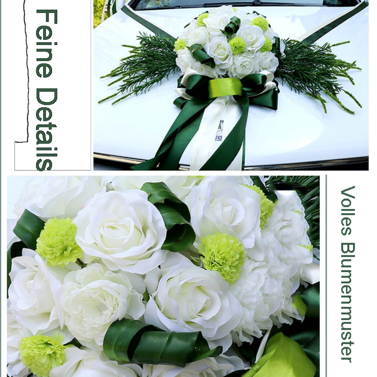 12 Stück Set Hochzeit Autoschmuck, Hochzeit Autoschleifen mit Saugnäpfen, Rückspiegel Türgriff Motorhaube Künstliche Blume für Hochzeit Empfang Zeremonie (Grün)