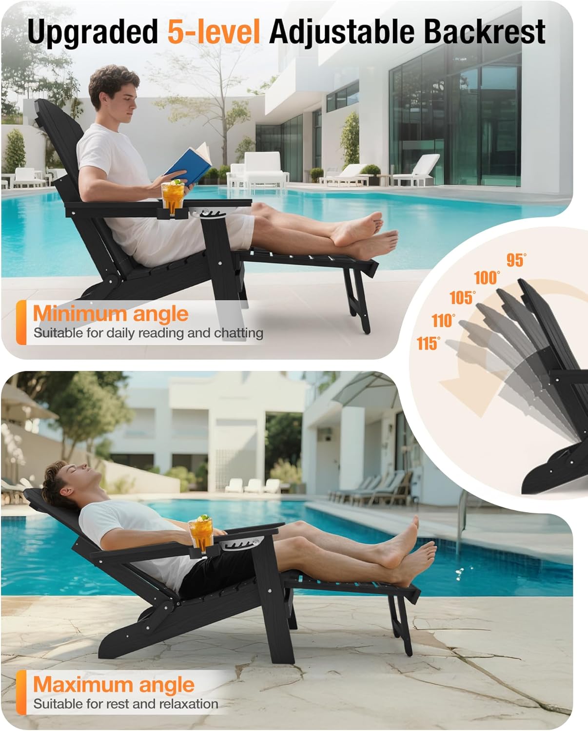 YEFU Adirondack Chair with Retractable Ottoman: Folding Adirondack Chairs Set of 2-5-Level Adjustable Backrest with Footrest - Fire Pit Chairs - 2 Cup Holder - Outdoor Plastic Chair for Patio(Black)