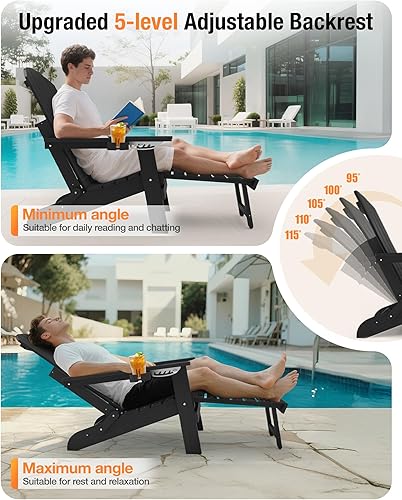 Miniatura 5 de YEFU Silla Adirondack con otomana, respaldo ajustable, silla plegable para fogata al aire libre con 2 portavasos, resistente a la intemperie para