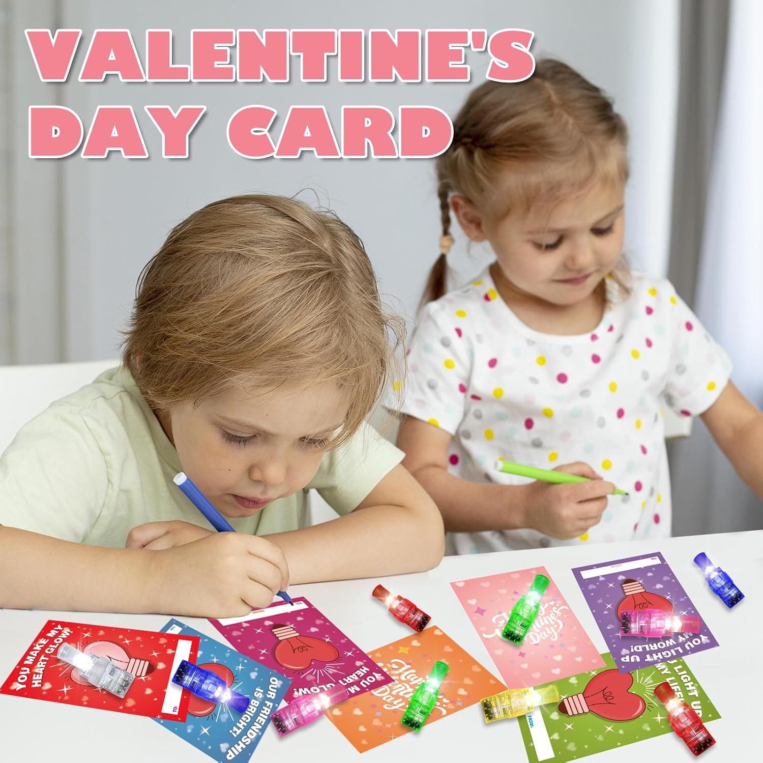 28 Pcs Valentines Day Gifts for Kids, Valentines Light Up Finger Lights Valentines Day Cards for Kids School Classroom Prizes Light Up Toys Valentines Exchange Gifts Goodie Bag Stuffers