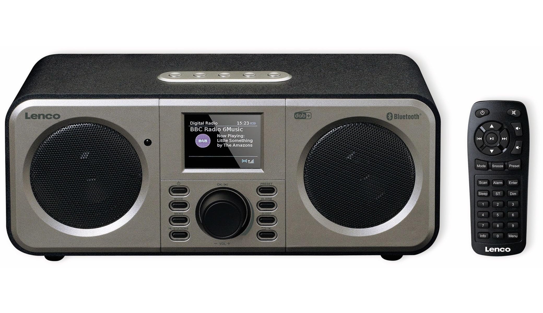 Lenco DAR-030 - DAB+ Radio - Bluetooth V.5 - DAB+ und FM Empfänger - 10 Senderspeicher - 2 x 3 Watt RMS - Fernbedienung - Alarmfunktion - Schwarz
