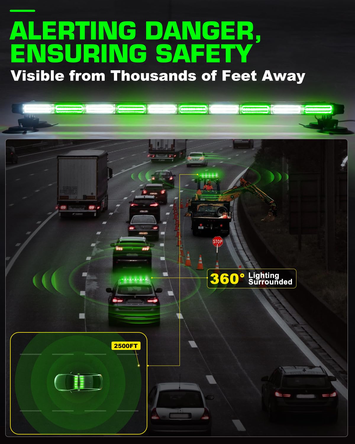 Barra de luz estroboscópica de advertencia de emergencia de seguridad con base magnética para vehículos de construcción, quitanieves, camiones