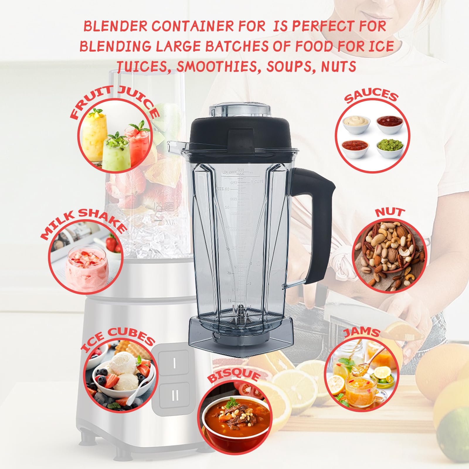 1,8 l Mixer-Krug Ersatz für 5200 5300 6300 VM0101 VM0103 VM0197 | Ersatz-Krug, kompatibel mit Vita-Prep, Classic/Explorian/Commercial Series Blender Container 5000 7500 A2300 Glasbecher