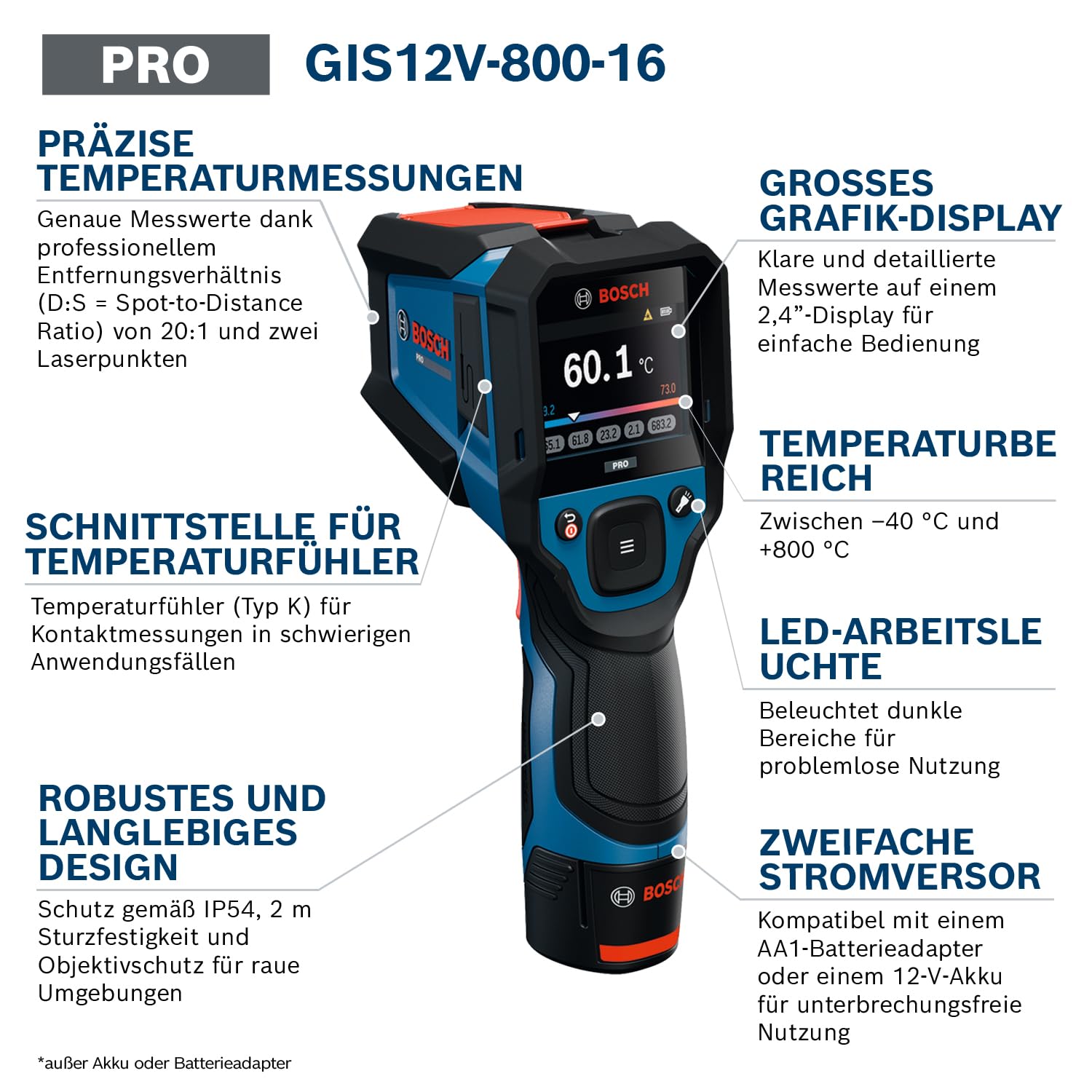 Bosch PRO GIS12V‑800‑16 Infrarot‑Thermometer, Typ‑K Schnittstelle, 20:1 Verhältnis, IP54, Dual‑Power, inkl. Batterieadapter & AA‑Batterien – vielseitig für präzise Temperatur‑ und Materialmessung