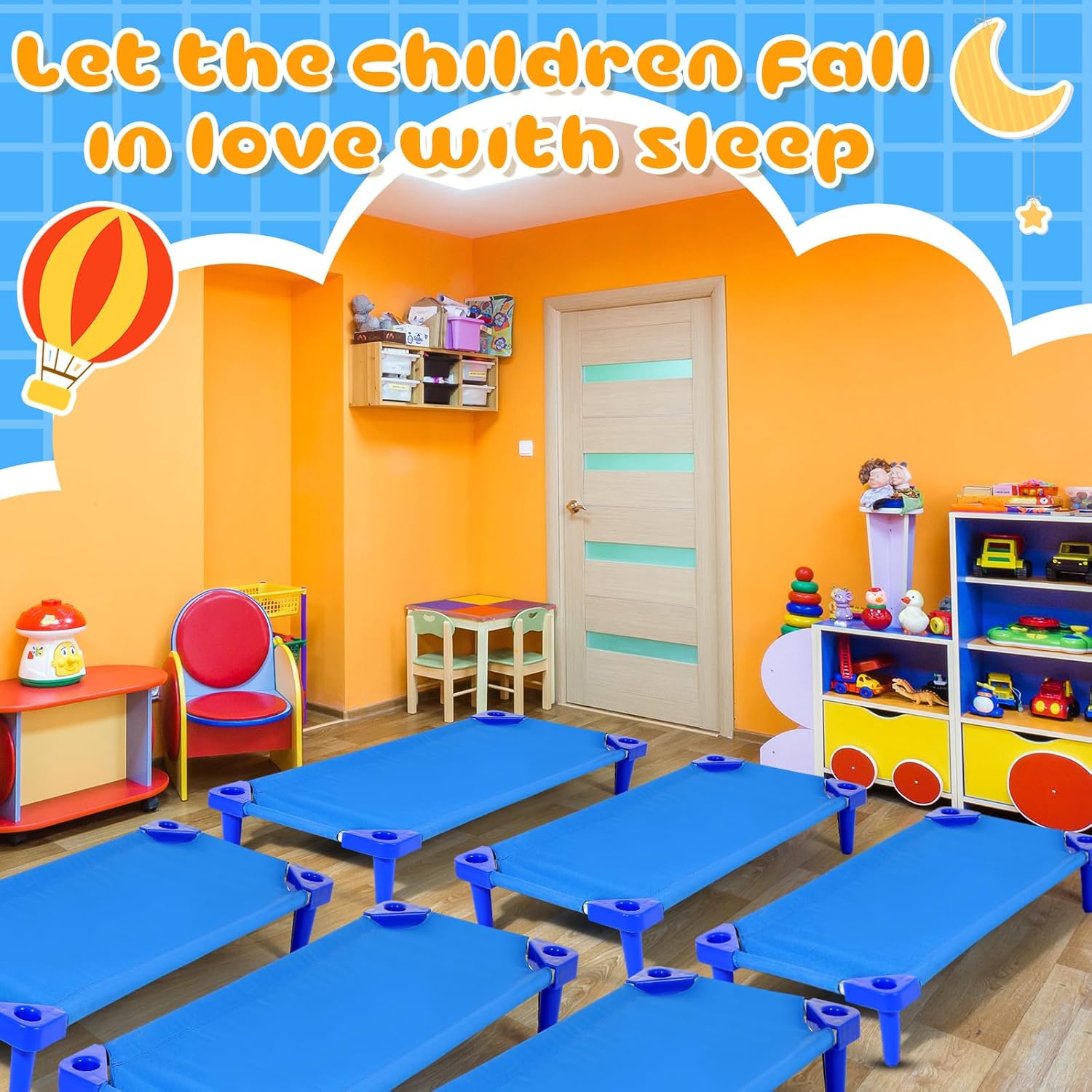 8 Pcs Stackable Daycare Cots for Toddler 54" l x 23" W Kids Cots for Sleeping Portable Kids Bed Furniture Bed Frames Headboards Footboards for Classroom Preschool (Blue)