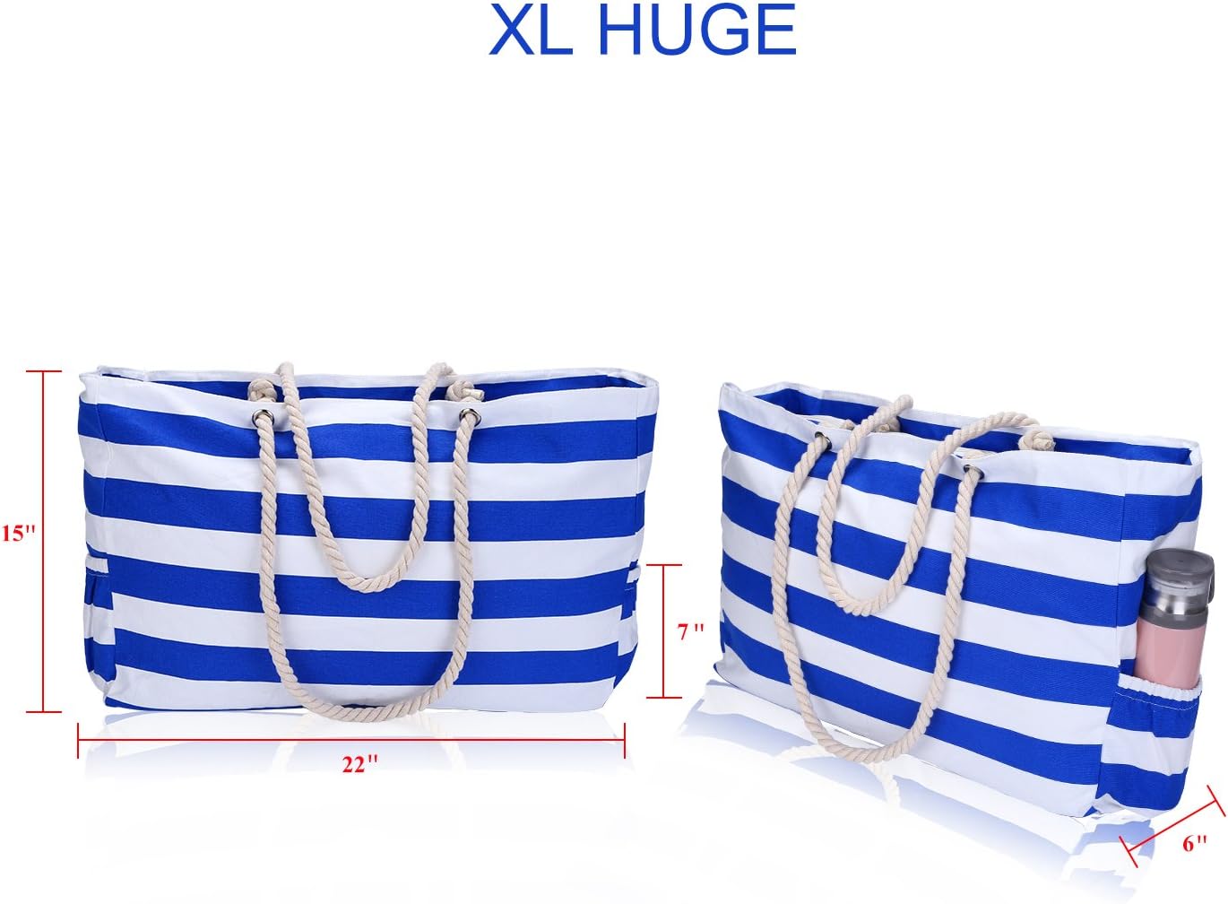 KUAK Extra Large Beach Bag with Waterproof Phone Case, Key Holder, Bottle Opener, Top Zipper, Multi-Pockets, Beach Bags and Totes