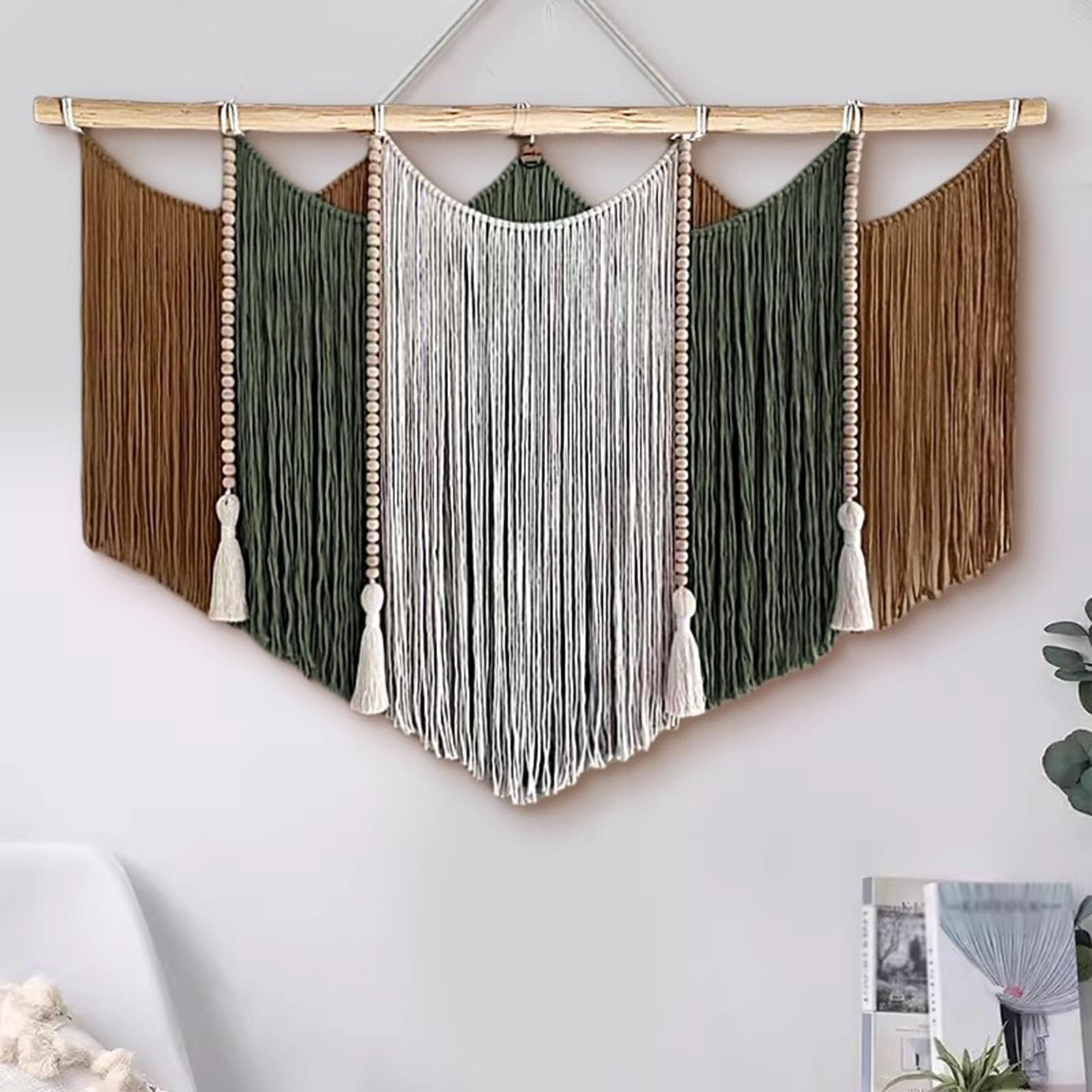 Tapices Macramé Tapices de pared grandes tejidos a mano, decoración para el hogar con borlas tejidas con cuerda de algodón y cuentas de madera.