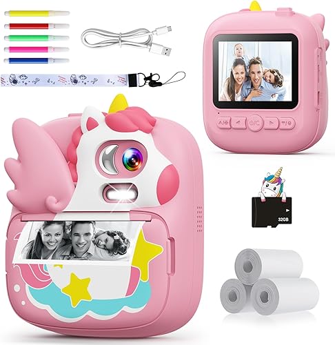 Cámara de impresión instantánea para niños, cámara instantánea de 12MP y 1080P para niños con tarjeta de 32G y papel de impresión, video digital