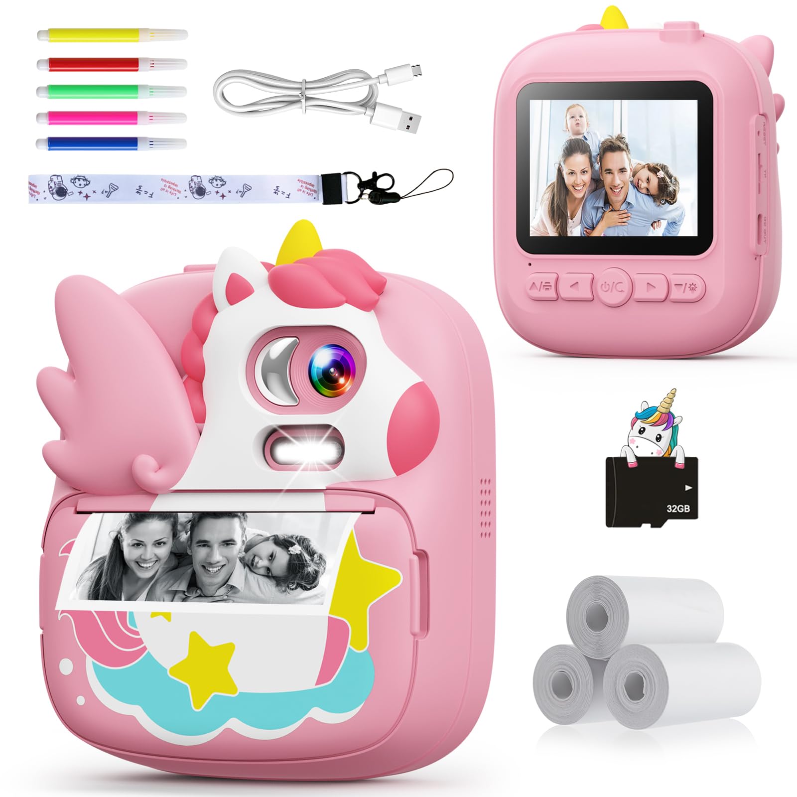 Kids Camera Instant Print, 12MP & 1080P Instant Camera for Kids with 32G Card & Print Paper, Selfie Digital Video for Toddler,Christmas Birthday Gifts