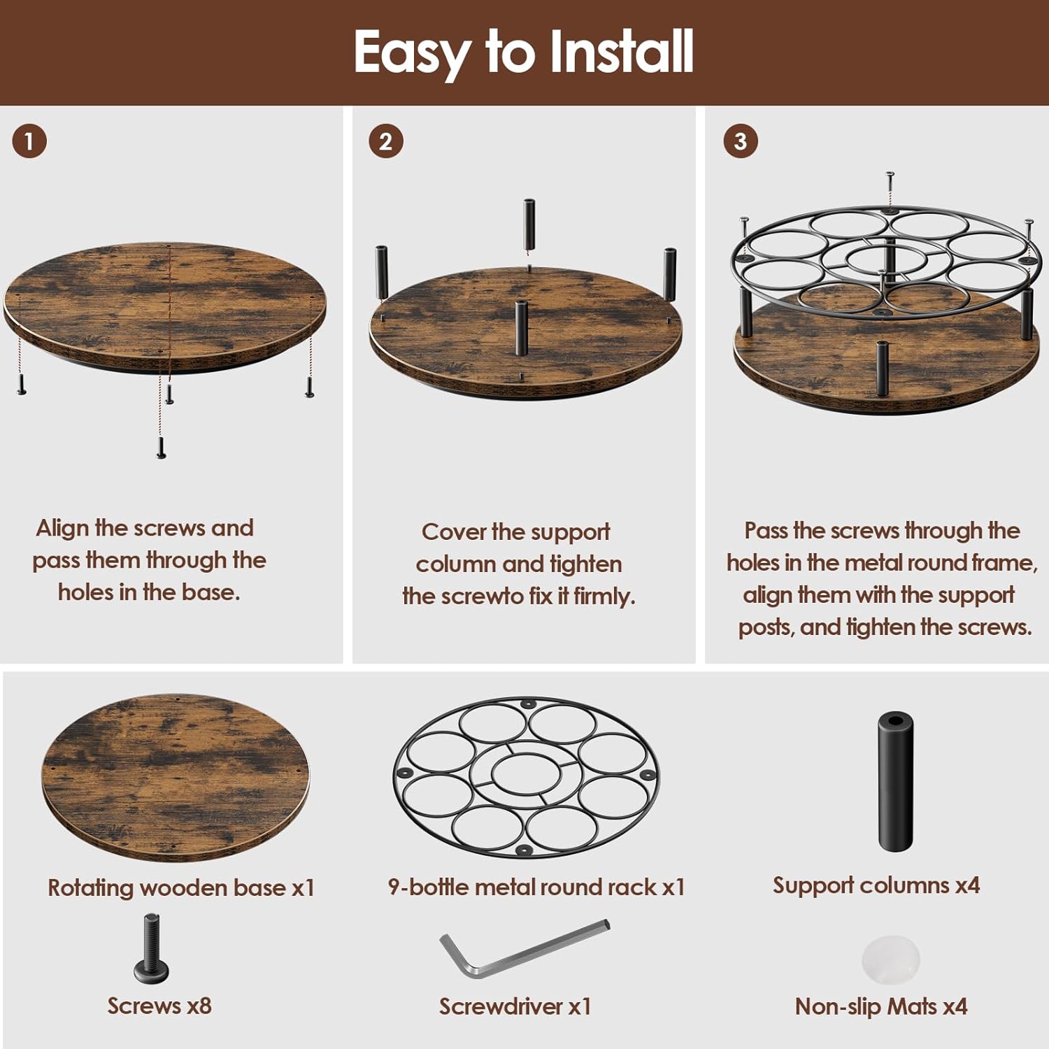 Nuovoware 9 Bottles Rotating Coffee Syrup Rack, Coffee Syrup Rack Organizer Carbon Steel Frame with Wooden Base Bottle Holder for Syrups Table Top Thermos Liquor, Brown+Black